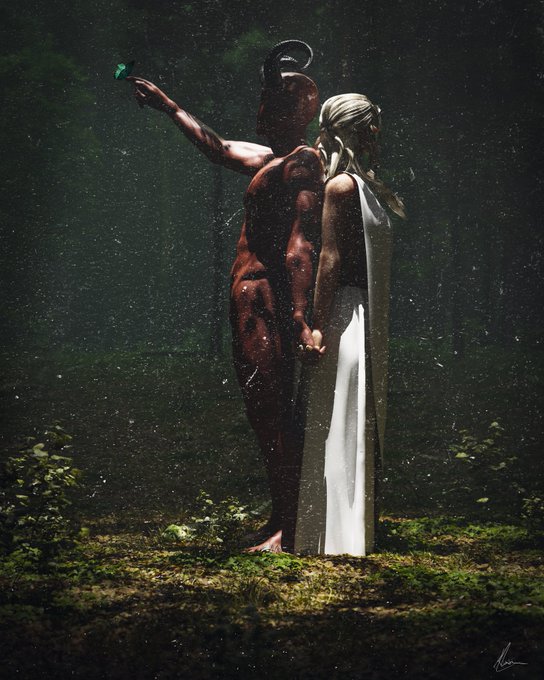 A dark, atmospheric digital painting depicting two figures—a red demonic entity holding a glowing green object and a pale woman in a white gown—standing together in a shadowy forest while holding hands.