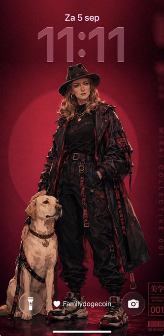 A phone lock screen showing time 11:11 on Saturday, September 5, featuring a stylized photo of a woman in a fedora and dark coat beside a yellow Labrador, with text including 'Familydogecoin'.