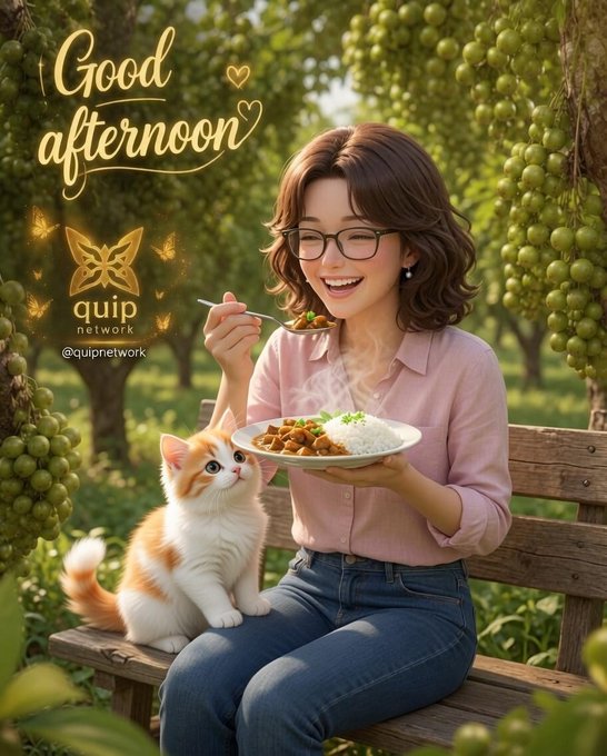 The image features a woman sitting on a bench with her cat, both of them enjoying their meal together. The scene takes place outdoors, possibly during an afternoon or evening setting. There are two bowls visible in the picture - one being held by the woman and another placed near her cat. A text overlay on the image reads "Good afternoon. If you're still ignoring @quipnetwork, you're probably missing one of the quietest but most important shifts happening across AI + crypto right now".