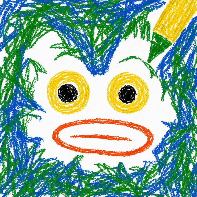 A digital sketch with crayon-like textures showing a white face with yellow spiral eyes and an orange mouth, surrounded by blue and green scribbled hair and a yellow pencil tip.