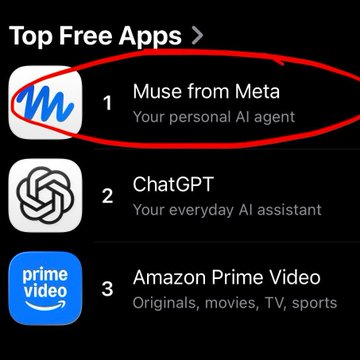A screenshot of an app store's 'Top Free Apps' list, with a red circle and 'Muse from Meta — Your personal AI agent' circled at number 1, followed by ChatGPT and Amazon Prime Video.