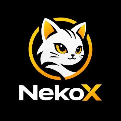 A logo featuring a stylized white cat face with yellow eyes inside a yellow circle, with the text 'NekoX' below it on a black background.