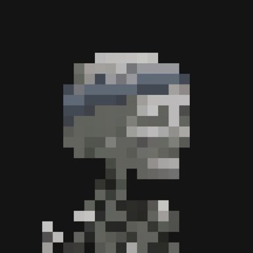 A low-resolution pixel art portrait of a person with grayish skin wearing a white and blue headband, shown in dark/monochrome tones.