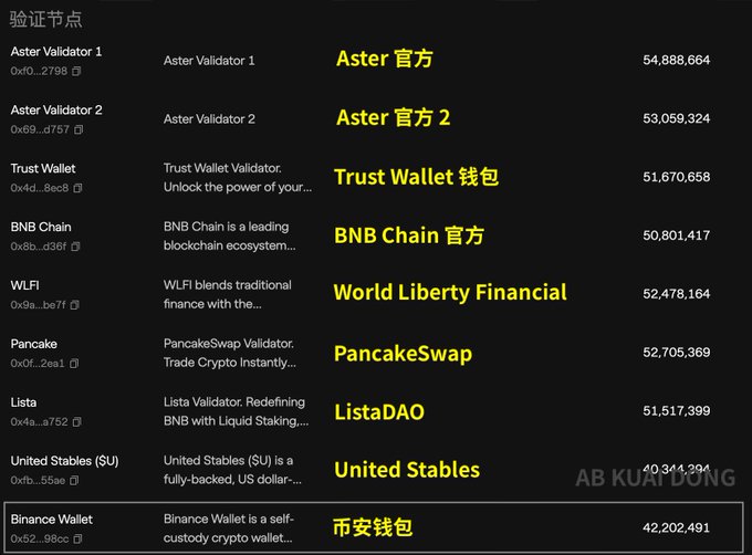 The image displays a list of Aster blockchain validators, featuring familiar names such as Aster Validator 1 & 2 (54.8M and 53M), Trust Wallet (51.6M), BNB Chain (50.8M), WLFI (52.4M), PancakeSwap (52.7M), ListaDAO (51.5M), United Stables (40.3M), and Binance Wallet (42.2M), confirming the poster's observation that the validator set is dominated by well-known entities holding significant voting power—including over listing and contract decisions on Aster.