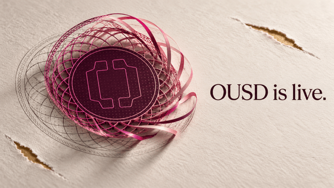 A promotional image for 'OUSD is live' featuring a pink and dark red spherical logo design resembling a coin with an 'H' symbol, set against a torn paper background.