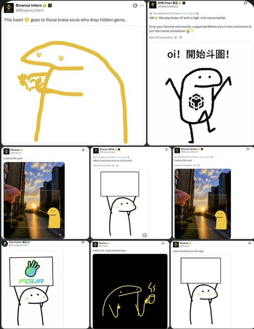 A collage of Binance Intern tweets featuring crude drawings like a yellow heart-handed figure and a stick character, with one tweet captioned "oi! 開始斗圖!" (let's start meme battle!), directly illustrating the post's mapping of Ethereum to Wojak, Solana to Troll, and BSC to Flork memes.