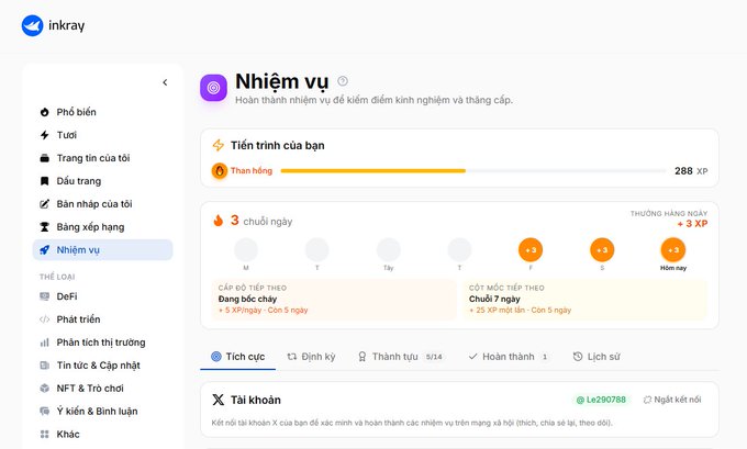 A screenshot of a Vietnamese interface for 'inkray' showing a 'Nhiệm vụ' (Missions) page with task progress, daily login rewards, and account linking options.