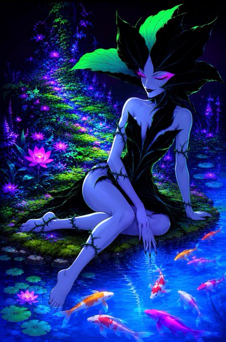 A fantasy illustration of a blue-skinned humanoid figure with green leafy hair sitting by a glowing pond surrounded by lotus flowers and colorful koi fish.