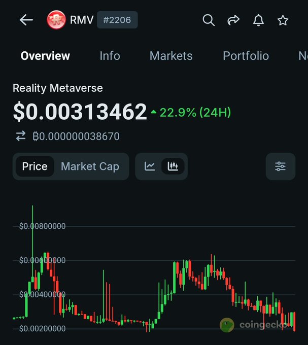 A CoinGecko price chart for Reality Metaverse (RMV) token showing a current price of $0.00313462 with a 22.9% gain in 24 hours.