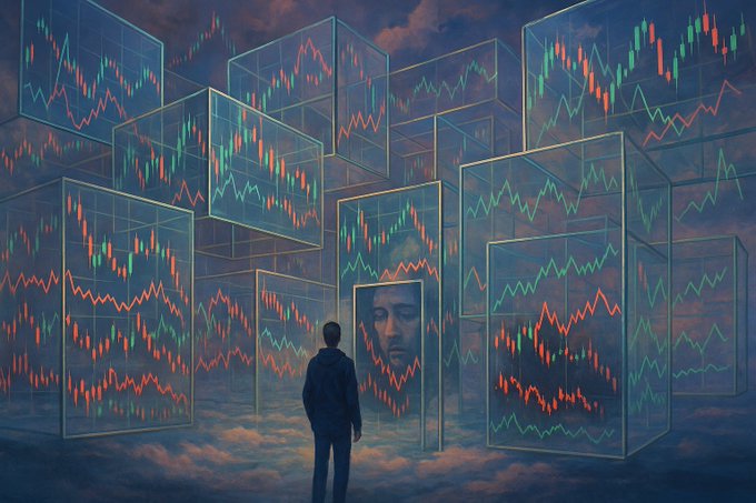 A lone figure stands facing a surreal landscape of transparent cubes filled with glowing red and green candlestick charts, with one central box revealing a human face within its data. The image powerfully visualizes the caption's message—traders avoiding their own history—showing the protagonist confronting a vast, almost overwhelming mirror of his past performance and self.