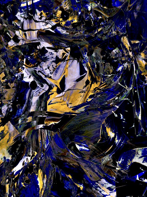 An abstract expressionist painting featuring swirling textures in deep blue, gold, black, and white.
