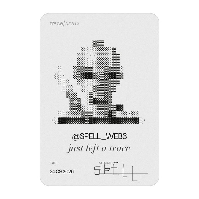 A digital card titled 'traceforms' featuring a halftone-style portrait, the text '@SPELL_WEB3 just left a trace', dated 24.09.2026, and signed 'SPELL'.