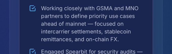 The image shows a blue box with white text that reads "Working closely with GSMMA and MNO partners to define priority use cases ahead of mainnet -- focused on interchange carrier settlements, stablecoin ... on-chain FX". The image also contains a small blue arrow pointing towards the top left corner.