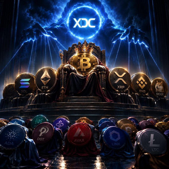 A digital artwork depicting Bitcoin seated on a throne wearing a crown, with the XDC logo glowing above, surrounded by other cryptocurrency coins like SOL, ETH, XRP, BNB, and DOGE, while many other coin figures kneel before it.