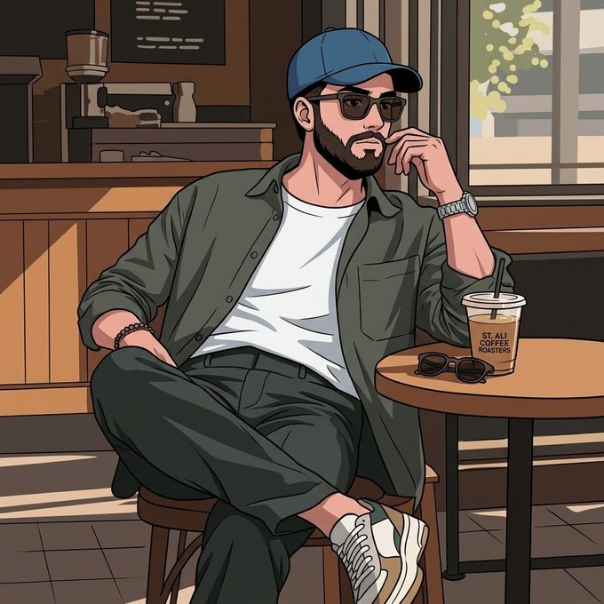 An anime-style illustration of a bearded man wearing a blue cap, sunglasses, an olive green overshirt, and white t-shirt, sitting at a coffee shop table with a drink labeled 'ST. ALI COFFEE ROASTERS' and a pair of sunglasses.