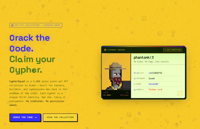 A promotional webpage with a yellow background for a 'ZEC NFT COLLECTION' titled 'Crack the Code. Claim your Cypher.', featuring a pixel art character named 'phantomk13' and details like wallet 'u1c1i5i6752' and rarity 'Shadow_Rec#'.