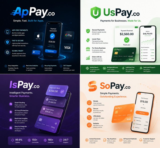 A marketing collage showcasing four fintech domain brand mockups—ApPay.co ("Simple. Fast. Built for Apps."), UsPay.co ("Payments for Businesses, Made for Us."), IsPay.co ("Intelligent Payments. Smarter Business."), and SoPay.co ("Simple Payments. Outstanding Experience.")—each featuring app payment screens, Visa card imagery, and stats like "$128.50," "$2,560.00," and "180+ Countries," visually reinforcing the post's pitch of these as sleek, brandable .co domains for international payments and digital wallets.