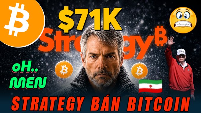 The image features a man with gray hair wearing a red shirt, standing against a black background. The text overlaying the image reads "Strategy ban Bitcoin" followed by an explanation of the strategy behind it.