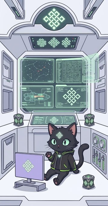 The image features a cartoon cat sitting inside of a spaceship, with a computer monitor in front of it. The cat appears to be playing a video game while wearing a green jacket. There are also two keyboards visible in the scene, one near the cat's feet and another further away from the cat. The background shows a space shuttle or rocket ship, suggesting that this is an advertisement for a video game related to space exploration.