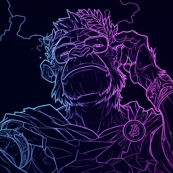 A neon-style digital illustration of a monkey wearing sunglasses, rendered in blue and pink outlines against a dark background, holding a Bitcoin symbol in its fur.