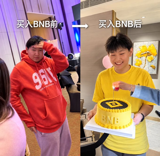 The image shows a before-and-after comparison of a young man, with the left side labeled "买入BNB前" (Before buying BNB) showing him in a red "96T" hoodie looking distressed, and the right side labeled "买入BNB后" (After buying BNB) showing him smiling joyfully in a yellow shirt holding a yellow and black "BNB" branded cake. The meme illustrates the post's message about a 17-year-old who transformed his life through BNB (Binance Coin) investments, going from earning just $30 a day in 2023 to amassing tens of millions in net worth, allegedly after meeting CZ (Changpeng Zhao).