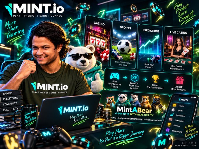 A promotional graphic for MINT.io with the tagline 'Play | Predict | Earn | Connect,' featuring a man and a teddy bear mascot, and highlighting features like Casino, Sports, Predictions, Live Casino, and MintABear NFTs.