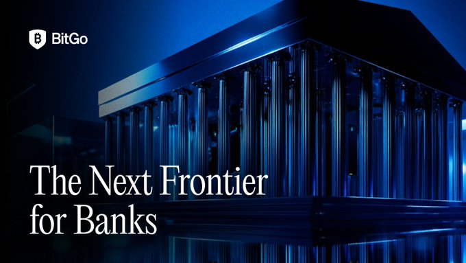A BitGo promotional banner reading 'The Next Frontier for Banks' features a glowing blue futuristic structure resembling a bank building made of illuminated columns.