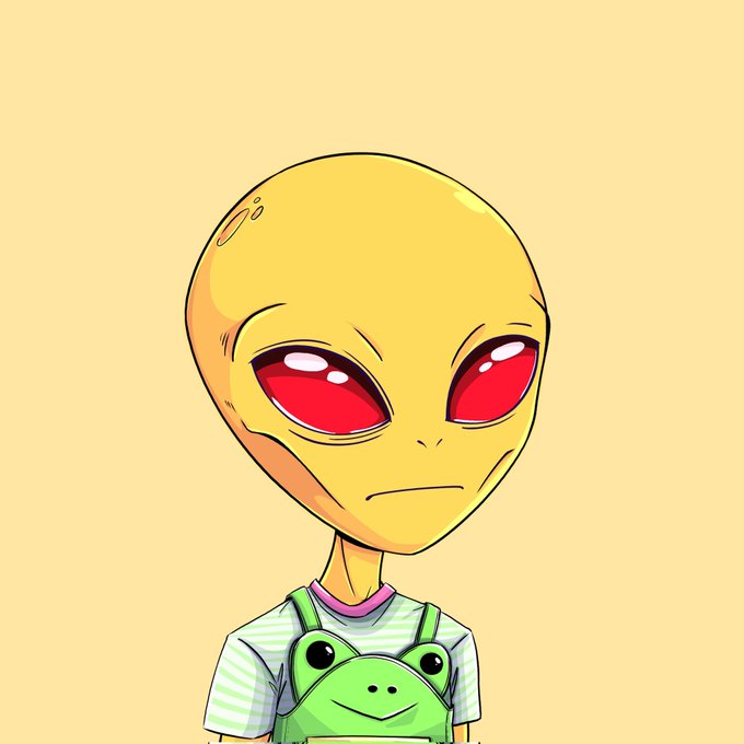 A yellow cartoon alien with large red eyes wears a white t-shirt featuring a smiling green frog in green overalls, set against a pale yellow background. The whimsical NFT artwork likely represents the "Micros" NFT collection the user mentioned purchasing, fitting the lighthearted tone of celebrating their new digital collectible.