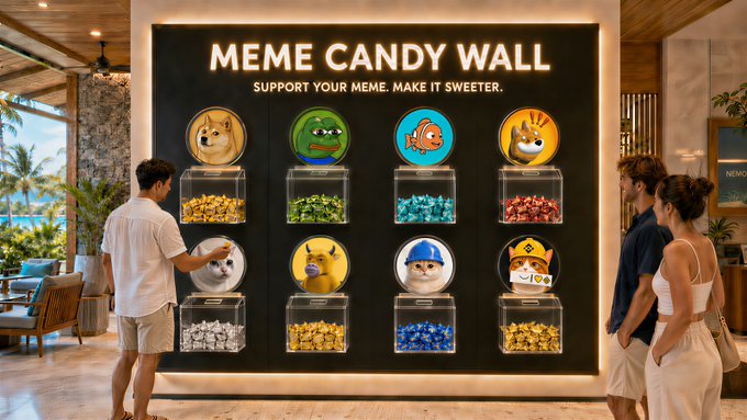 A man points at a vibrant "MEME CANDY WALL" display featuring circular meme-themed icons above jars of colorful candies, while a couple watches on in a tropical hotel lobby. The display aligns with the post's concept of NEMO'S HOME in Palau, showcasing popular meme characters like Pepe, Doge, Bonk, and Cashcat as candy dispensers in a creative Web3-themed installation.