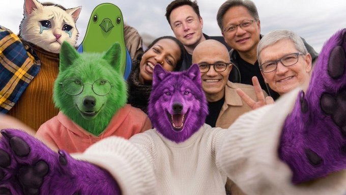 A humorous composite selfie showing tech figures including Elon Musk, Satya Nadella, and Tim Cook, alongside people wearing crying cat, green dog, purple wolf, and parrot filters.