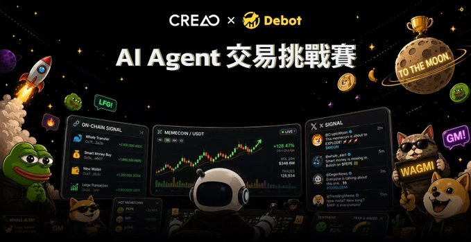 The image is a vibrant promotional graphic for a "CREAO × Debot AI Agent 交易挑戰賽" (AI Agent Trading Challenge), featuring cartoon characters like Pepe and Doge alongside trading dashboards displaying "ON-CHAIN SIGNAL," "MEMCOIN/USDT," and "X SIGNAL" panels with tickers like "LFG!" and "WAGMI." It relates to the post's message by visually representing the proactive, skill-based trading approach needed during market downturns—highlighting AI-driven signals and meme-coin momentum as tools for capitalizing on opportunities before the broader bull market arrives.