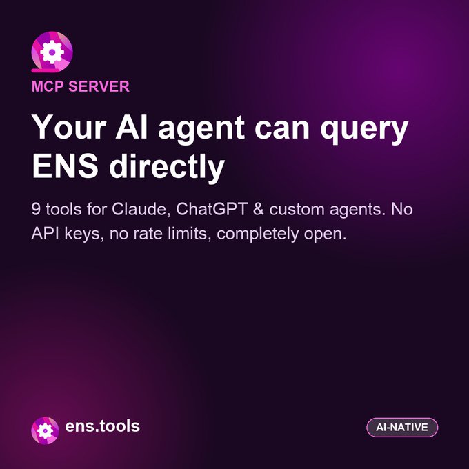 Promotional graphic for an MCP SERVER titled 'Your AI agent can query ENS directly,' advertising 9 tools for Claude, ChatGPT & custom agents with no API keys or rate limits, branded ens.tools and labeled AI-NATIVE.