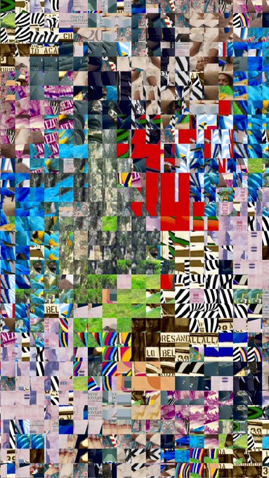 A collage of fragmented magazine clippings, patterns, and colorful imagery assembled into a dense vertical mosaic.