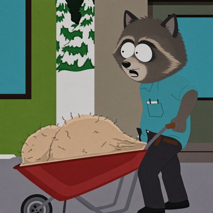 An illustration in South Park's animation style showing a raccoon character in a teal shirt pushing a red wheelbarrow filled with sand.