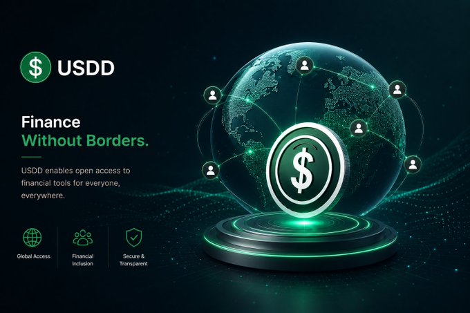 A promotional image for USDD stablecoin featuring a glowing green globe with a dollar sign, accompanied by the tagline 'Finance Without Borders.' and features like Global Access, Financial Inclusion, and Secure & Transparent.