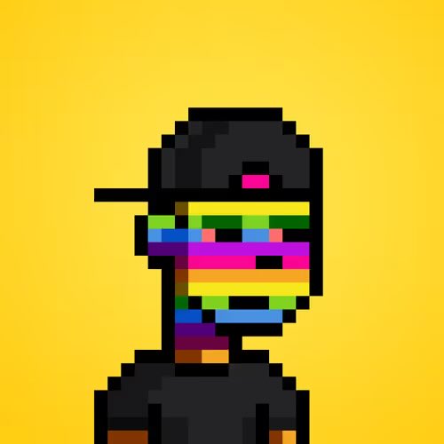 A pixel art portrait of a figure wearing a black cap against a yellow background, featuring a glitch-effect face composed of colorful horizontal stripes in green, yellow, pink, blue, and red. The digital, cyberpunk aesthetic aligns with the "TrenchtownNFT" branding, reflecting the collection's retro-tech and NFT-inspired visual identity.