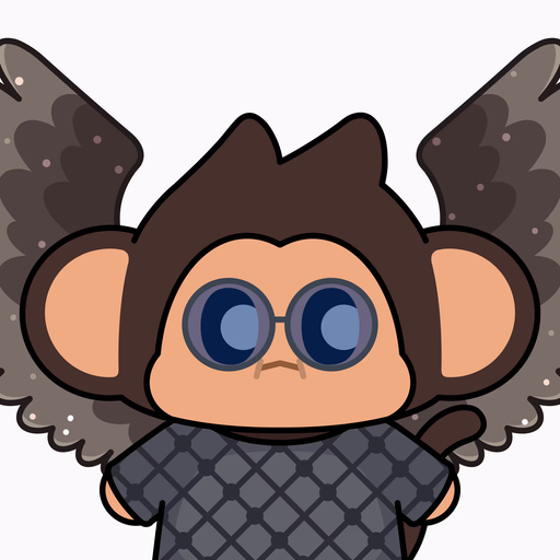 A cartoon mascot character resembling a furry creature with dark wings, large blue eyes, wearing chainmail armor.