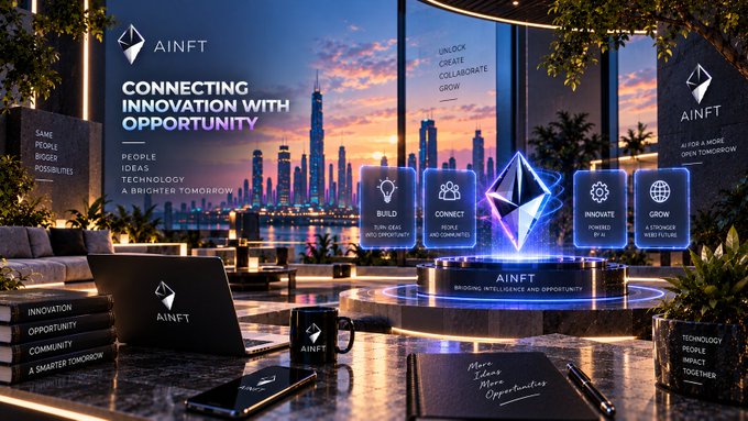 A promotional graphic for 'AINFT' featuring the tagline 'CONNECTING INNOVATION WITH OPPORTUNITY' against a city skyline at sunset, with icons for BUILD, CONNECT, INNOVATE, and GROW surrounding an Ethereum-like crystal.