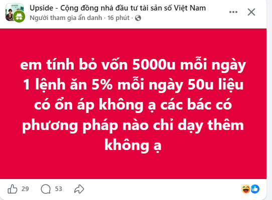 A screenshot of a Vietnamese social media post from 'Upside - Cộng đồng nhà đầu tư tài sản số Việt Nam' asking about investment strategies, with white text on a red background questioning if 5000u invested daily with 5% returns would be safe.