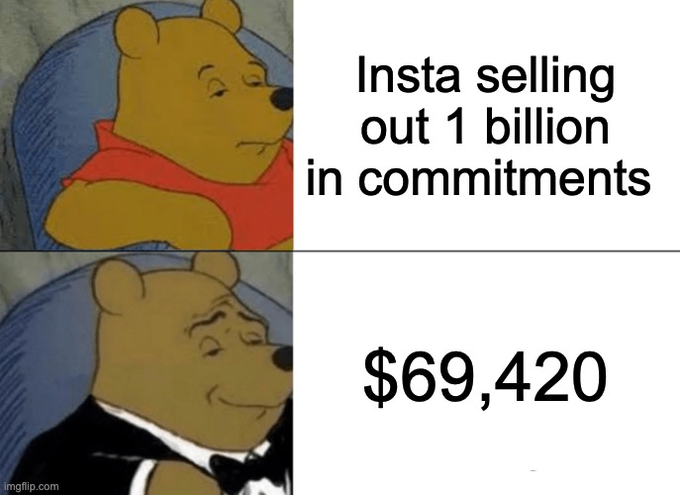 A Tuxedo Winnie the Pooh meme with two panels: the top shows 'Insta selling out 1 billion in commitments' and the bottom shows Pooh in a tuxedo with '$69,420'.