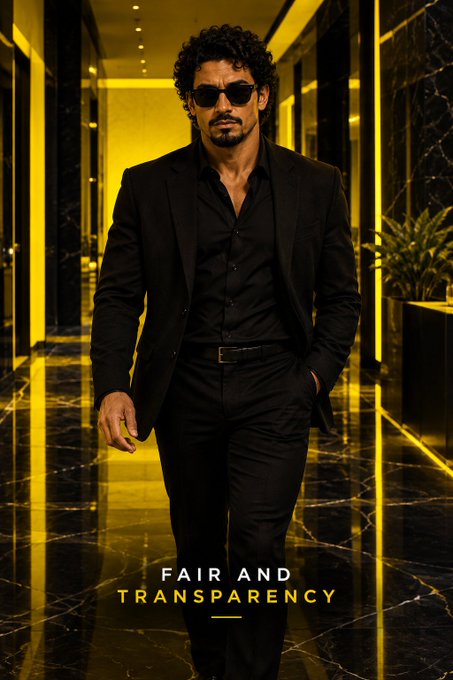 A man in a black suit and sunglasses walks through a luxurious hallway with golden lighting and reflective marble floors, with text reading 'FAIR AND TRANSPARENCY' below.