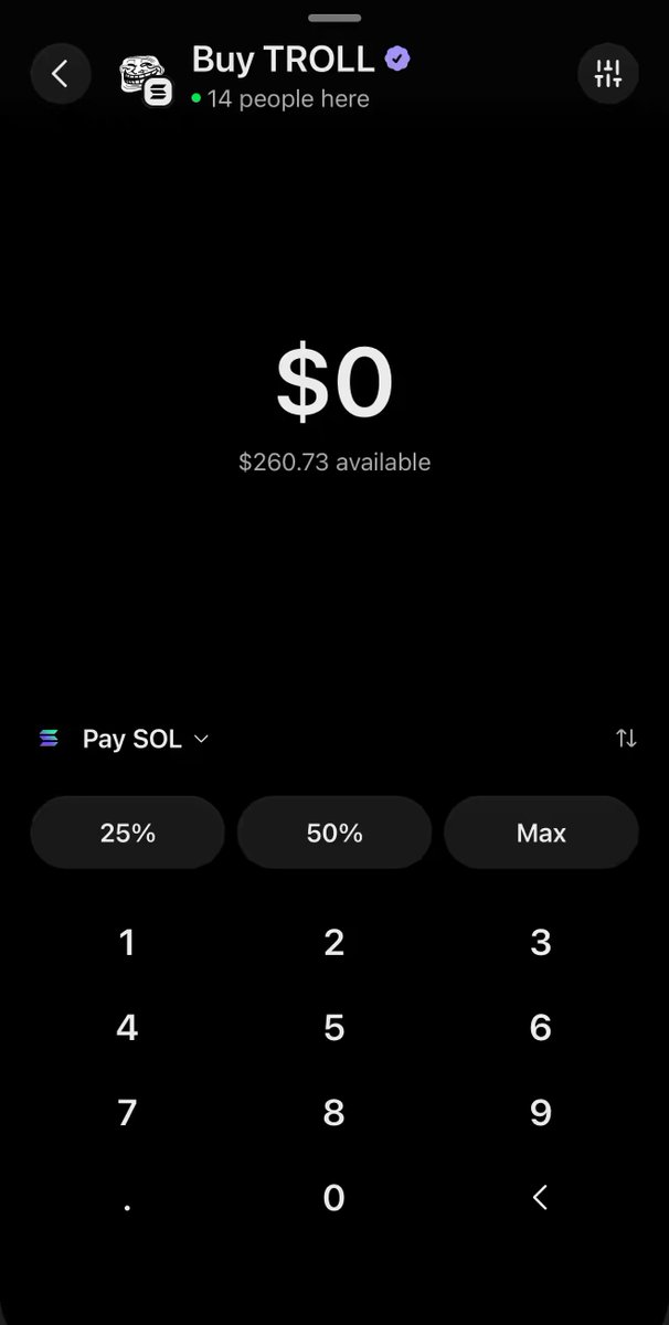 The image features an iPhone displaying a screen shot of a black screen, possibly a calculator or a payment system interface, with white text. A few options are visible on the screen, including a dollar sign symbol at the top left corner, labeled "buy troll", and a pay slider with values ranging from 0 to 100% in the middle area of the screen. On the right side of the image, there is an additional post written in black text that says "Happy $Troll Tuesday!". The focus on this post suggests its relation to the current app or feature being displayed on the iPhone.