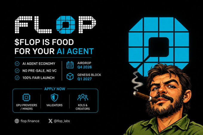 Promotional graphic for $FLOP (flop.finance) declaring it as "Food For Your AI Agent," featuring key details like a 100% fair launch, no pre-sale/VC, Q4 2026 airdrop, Q1 2027 genesis block, and application options for GPU providers/miners, validators, and KOLs/creators. The image visually reinforces the post's narrative by showcasing the project's mascot (a cigar-smoking character) and bold branding aimed at attracting early adopters to this AI agent economy initiative led by @flop_labs and figure "Arthur."
