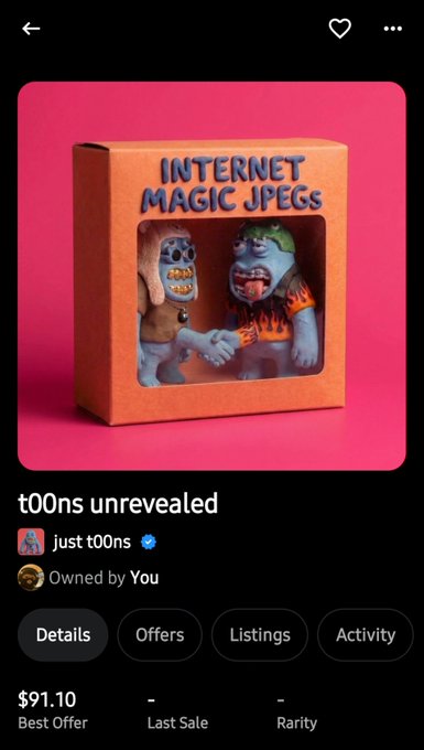 An NFT marketplace listing for 't00ns unrevealed' by 'just t00ns', titled 'INTERNET MAGIC JPEGS', with a best offer of $91.10.