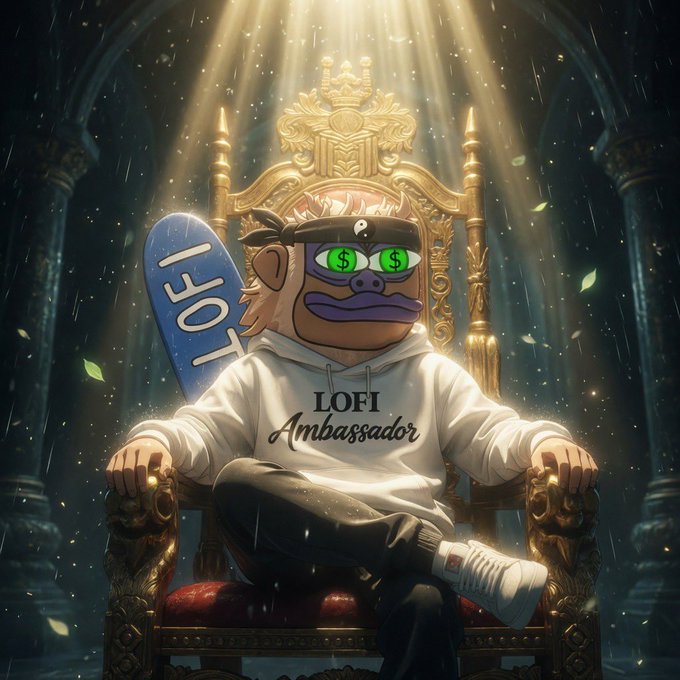 An anime-style illustration shows a pig-like character wearing a 'LOFI Ambassador' hoodie and dollar-sign glasses, sitting on a golden throne holding a blue LOFT surfboard.