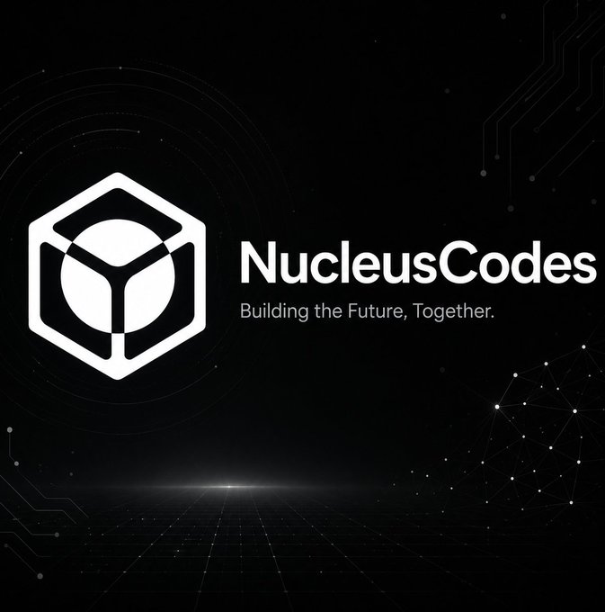 A black promotional graphic for 'NucleusCodes' featuring a hexagonal cube logo and the tagline 'Building the Future, Together.' with digital circuit and grid accents.