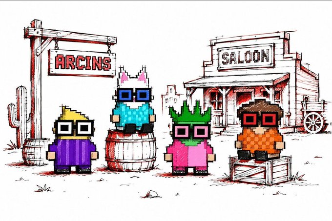 A pixel art illustration shows four colorful, blocky characters wearing sunglasses standing in a Western-style scene with a sign reading 'ARCINS' and a 'SALOON' building in the background.
