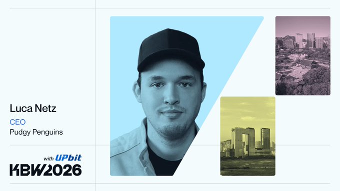 Speaker profile for Luca Netz, CEO of Pudgy Penguins, featured at KBW2026 with UPbit branding, showing his portrait alongside cityscape images.