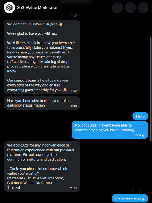 A screenshot of a Telegram conversation with "SoSoValue Moderator" shows a welcome message and support inquiry about claiming tokens, while the user replies "metamask" to questions about which wallet they're using. The post warns that the SoSoValue account may be a scam impersonating a legitimate crypto platform to steal wallet credentials during airdrop claims.