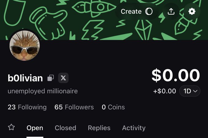 A profile screenshot for "b0liviañ" (described as an "unemployed millionaire") shows a balance of $0.00 with 23 following, 65 followers, and 0 coins, illustrating the poster's empty wallet as they joke about needing to get a $TOAD airdrop from @mdudas to run a giveaway for their followers.